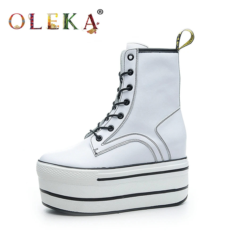 

OLEKA Leather Mid-calf Winter Boots Women Platform Riband Round Toe Boots For Women Leisure Style Western New AS694