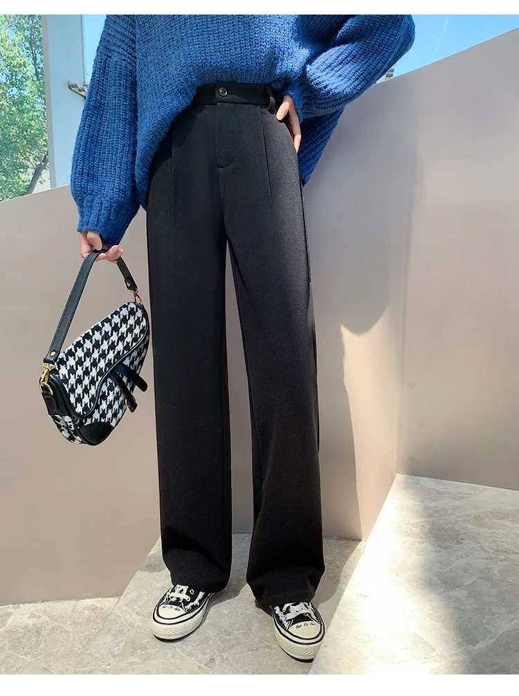 Women Wool Wide Leg Pants Casual Winter warm Thick Elasit High Waist Woman Lengthen Woolen Pant Female Straight  Long Trousers capris women