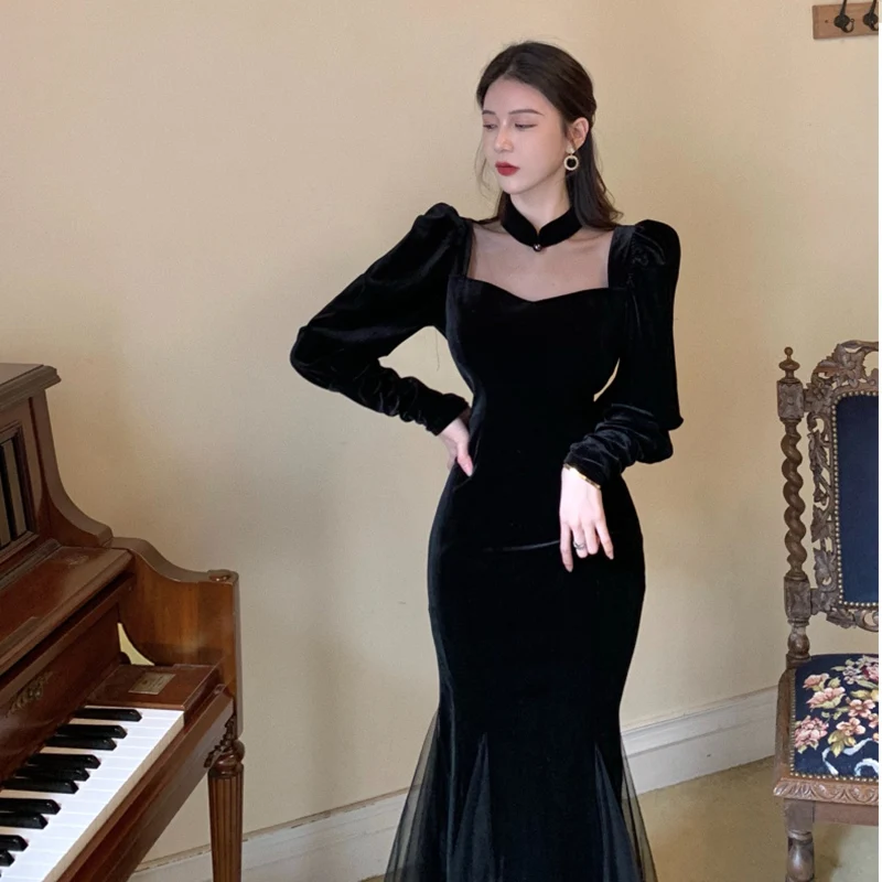 

Весенне-осеннее бархатное Черное длинное Сетчатое платье 2022, Женские винтажные готические облегающие вечерние платья, женское сексуальное ажурное платье с разрезом, Новинка