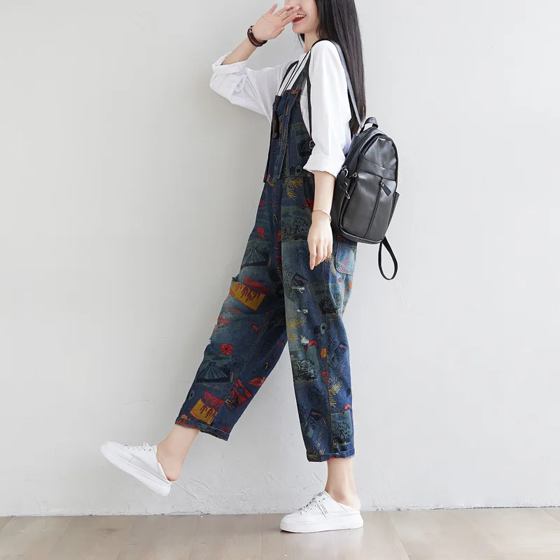 Women Denim Jumpsuit 2020 Autumn Plus Size Ripped Jeans Overalls with Pockets Print Loose Casual Baggy Pants