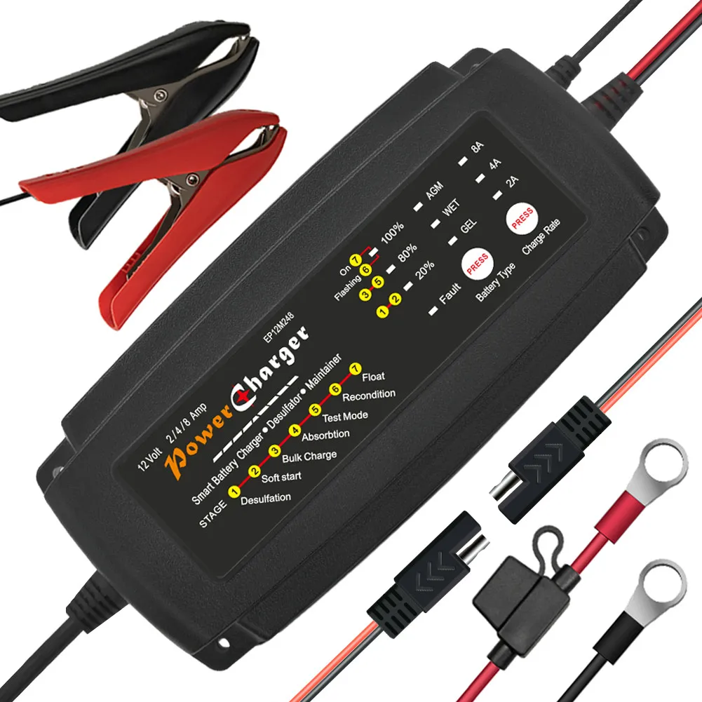 

7 stages smart battery charger 12V 2A 4A 8A AGM GEL SLA car motorcycle automatic battery charger