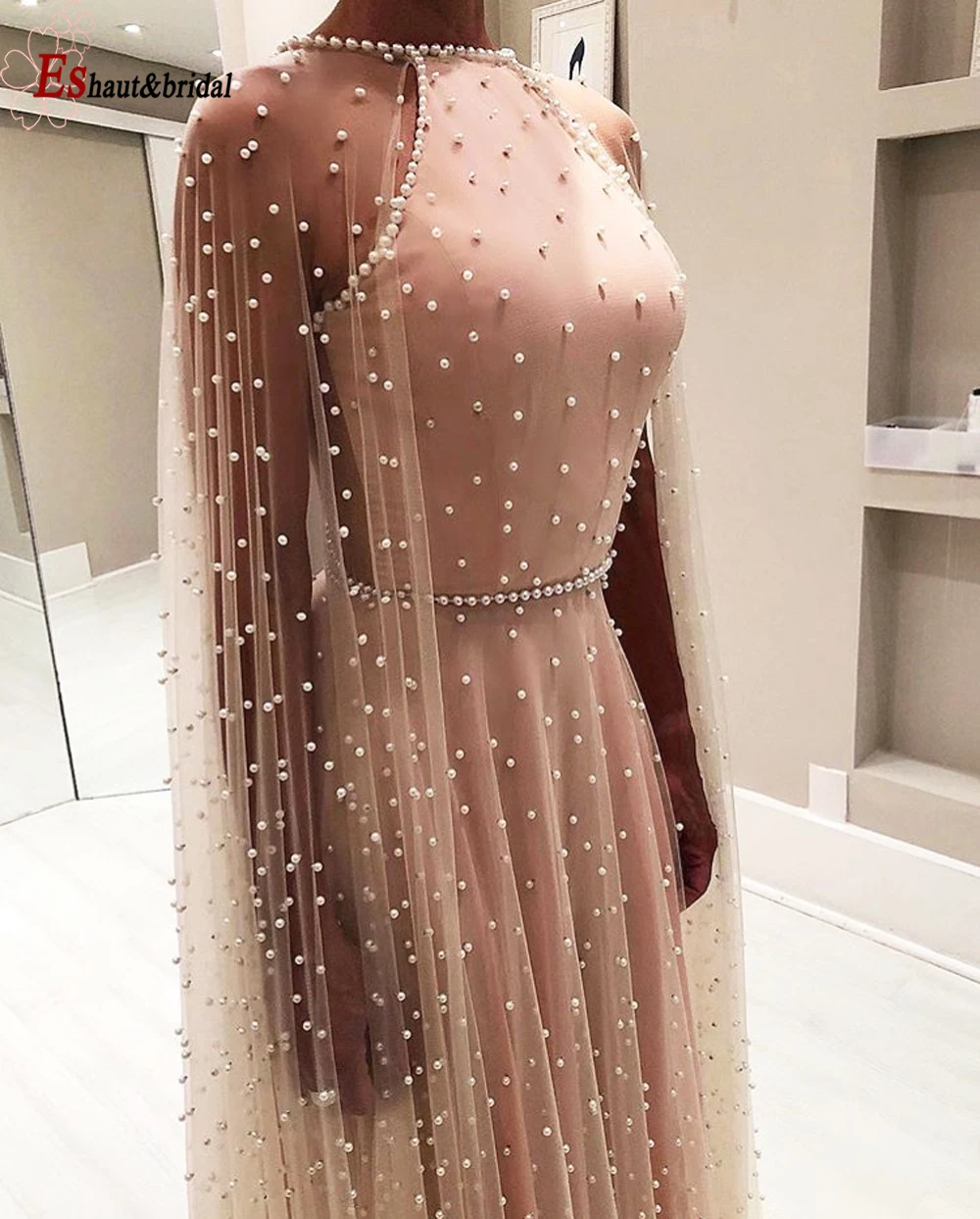 

2020 Aline Pearls Evening Dress Long Sleeves Open Back Lace Up Formal Party Dresses