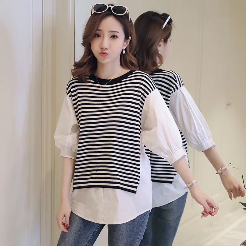 

2019 Spring Clothing New Style Large Size Dress Fake Two-Piece Joint Shirt 200 Loose-Fit Korean-style Stripes Slimming Shirt
