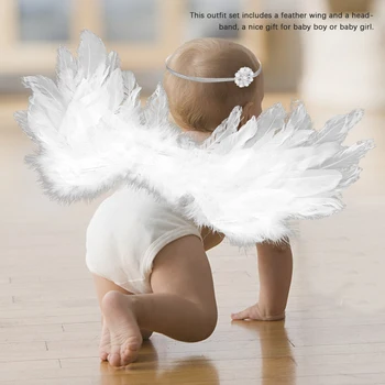 

New Cute Angel Wing Newborn Photography Props Soft Baby Girls Boys Feather Clothes Skirt Set Baby Hat newborn photography