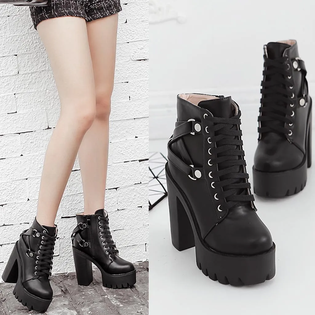 

Women Boots Fashion Lady Lace Up Shoe Soft PU Leather Platform Shoe Party Ankle Boot High Heels Female Winter Shoes M50#