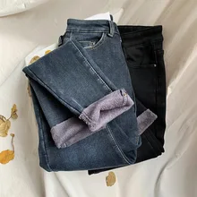 winter джинсы женские high waist джинсы plus velvet брюки женские thickening одежда для женщин small feet Korean version женские джинсы warm черные джинсы