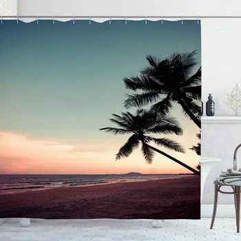 

Shower Curtain Set with Hooks 72x72 Tropical Caribbean Beach During Sunset Ocean Twilight Nature Sun Island Vintage Design Sky