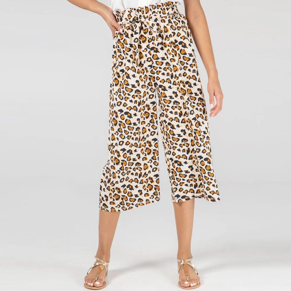 

Women Casual Pants Cropped Leopard Print High Rise Fungus Banded Pants Loose 2020 Summer Fashion Office Lady Home Indoor