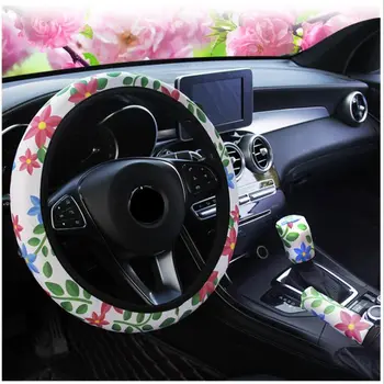 

3 Pcs Universal flower Printed Snug Soft Car Steering Wheel Covers Hand Brake Gear Cover Set Car Interior Accessories