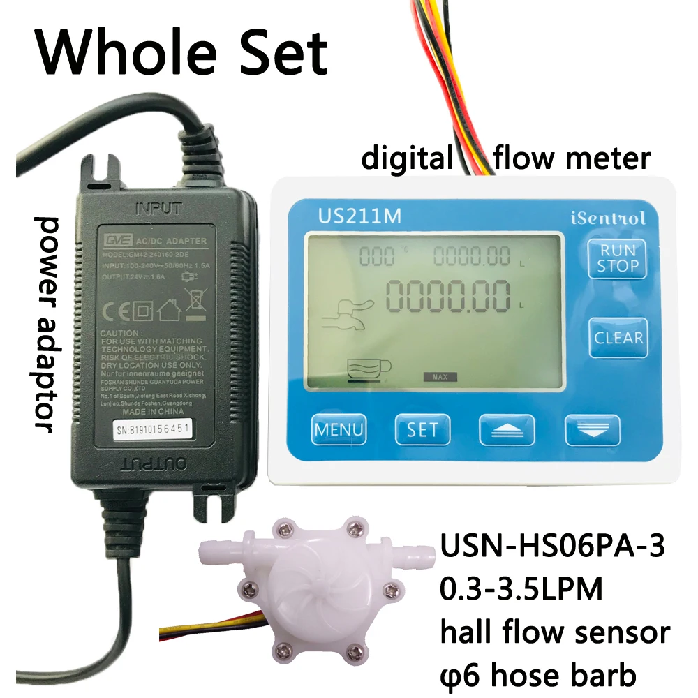 

US211M Display with 0.3-3.5L/min USN-HS06PA-3 Flow Meter Totalizer Flow Measurement Range 6mm OD hose barb