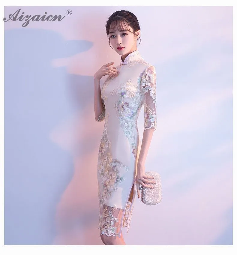 Мода вышивка Чонсам с цветами Китай кружева короткие платья Qi Pao Для женщин китайское традиционное платье Oriental Стиль винтажное платье