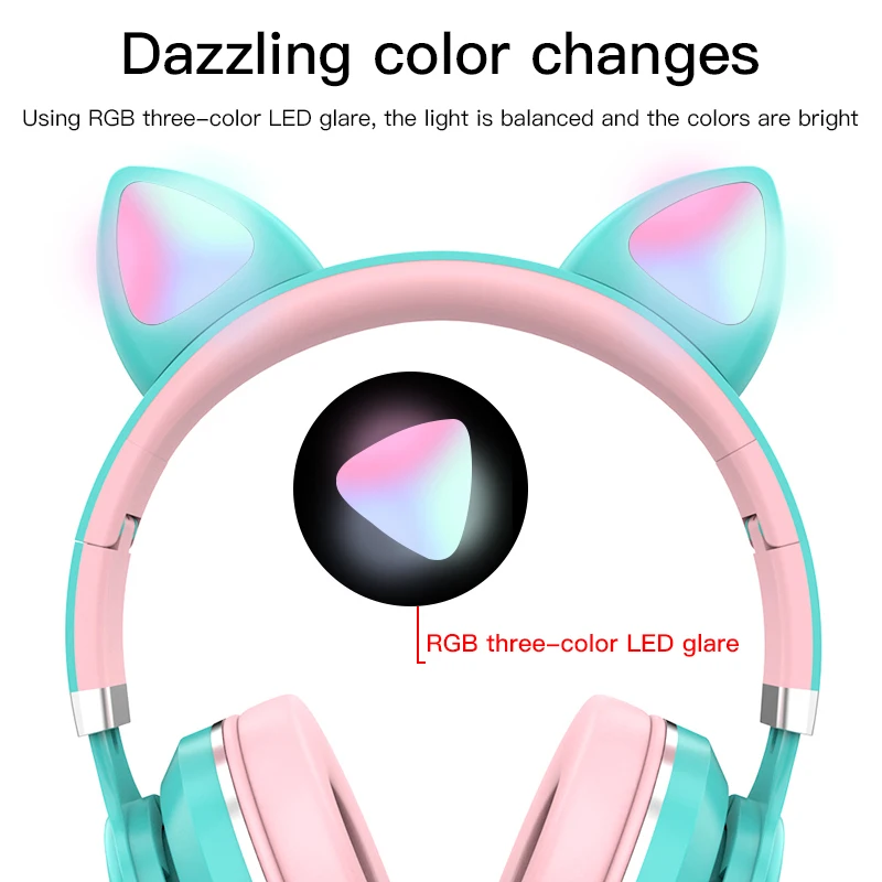 Colorful Cat Ear Headset Selfie Ring Light Wireless Bluetooth Kids Headphones Cute Earphones for Daughters Girls Gift with Mic