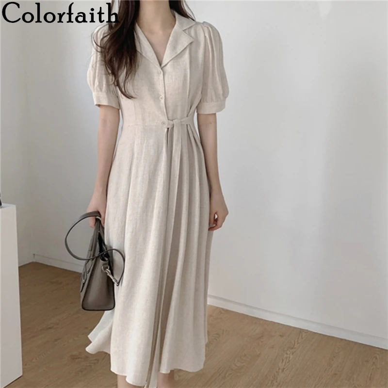 Colorfaith New 2020 Women's Summer Dresses Casual Puff Sleeve Cotton ...