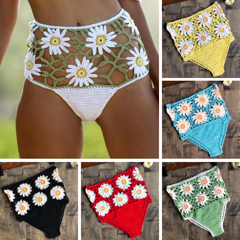

Crochet Flower High Waist Bikini Panties Bottoms Separate Women's Swimsuit Shorts 2021 Crochet Bathing Suit Underwear Cotton Wom