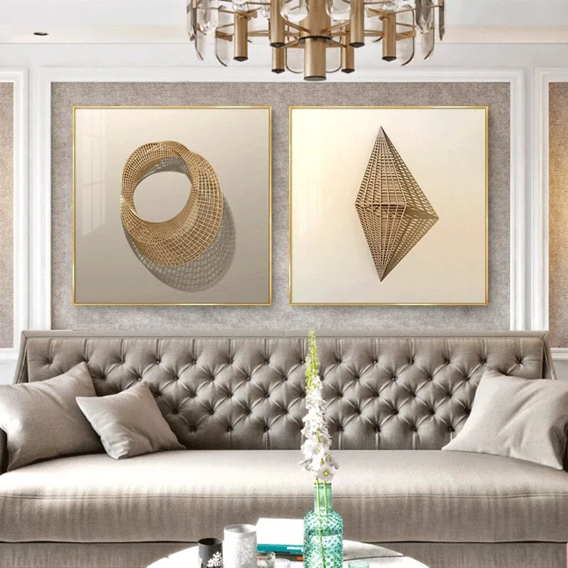 

3D Stereo Abstract Lines Golden Wall Art Canvas Painting Prints Creative Gold Art Posters for Living Room Interior Modern Decor