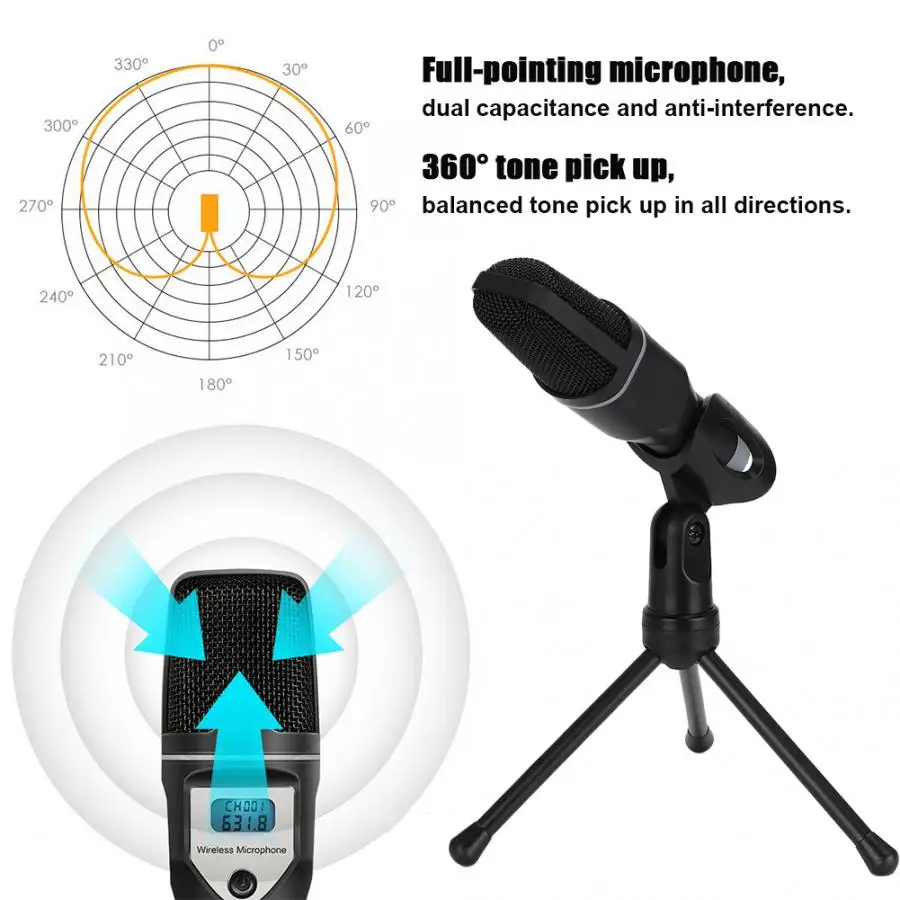 USB Wireless LED Condenser Karaoke Microphone with Foldable Tripod USB Microphone