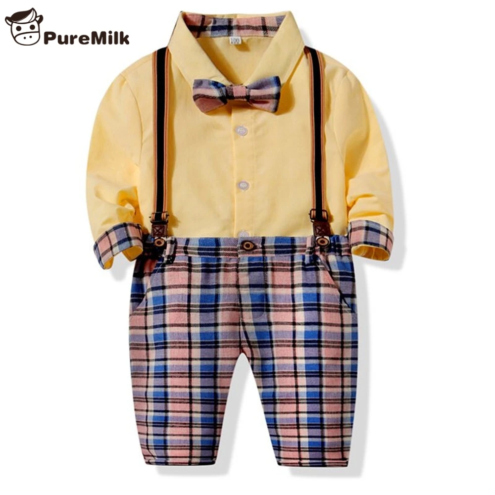PureMilk Baby Boys Clothes Yollow Shirts With Plaid Pants 4pcs/ Set Long Sleeve Cotton Clothes