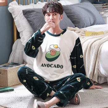 

Young Men Pajamas Set Warm Flannel Male Long-sleeved Autumn Winter Pyjama Loose Men Home Set Coral Fleece Sleepwear Top+ Pants