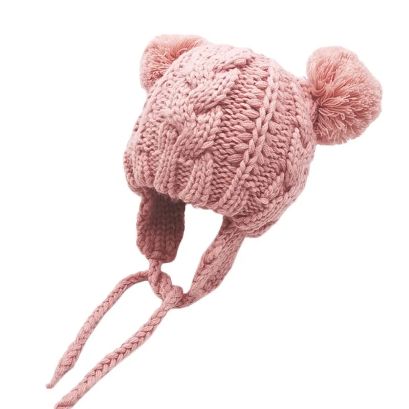 Новые зимние милые теплые шапки для новорожденных девочек и мальчиков, вязаные шерстяные шапки с помпонами