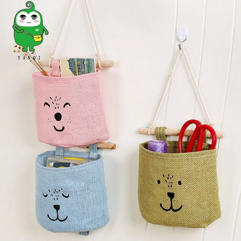 Color Linen Single Pocket Hanging Storage Bag Wall Cartoon Wardrobe Debris Racking Bedside Z |