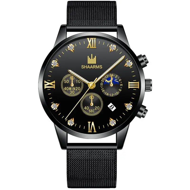 

Fashion Black Men Watch Diamond Roman Number Clock Mesh Band Stainless Steel Quartz Wristwatch Male Business Watches