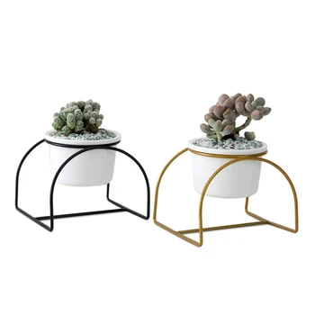 

2 Pcs Nordic Simple Wrought Iron Ceramic Round Basin Arched Iron Frame Fleshy Ceramic Flower Pot Set