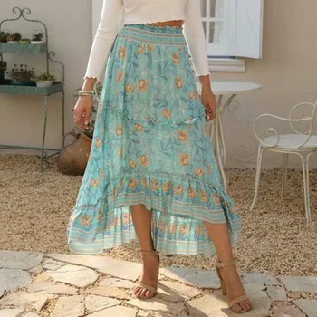 

Jastie Boho Chic Ruffled Hem Women Skirt Elastic Waist Casual Summer Skirts Floral Print Long Skirt faldas mujer moda 2020 saia