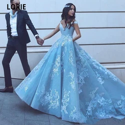 LORIE Off Shoulder Prom Dresses Baby Blue 2020 Arabic Elegant Lace Appliques Long Formal Evening Gowns Special Occasion Gowns