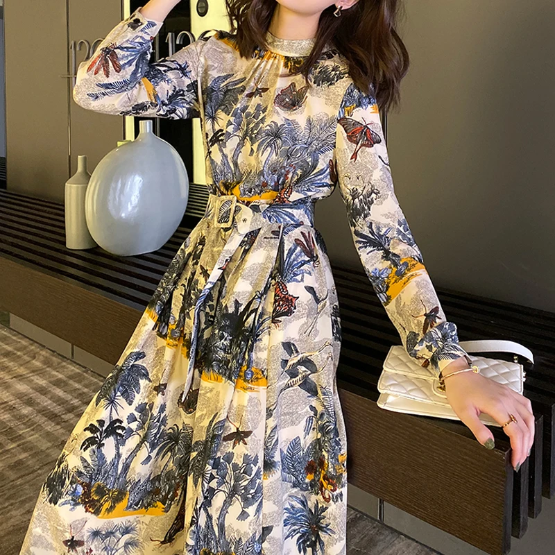 

Spring / Summer 2020 Long Sleeve Bohemian Vintage Print Flowers Belt Slim Elegant Women'S Long Dress Party High Quality New