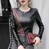 2022 Autumn Winter Long Sleeve Women's Blouse Patchwork Colors Plus Size Shirt Women Elastic Warm Velvet PU Leather Female Tops ► Photo 1/6