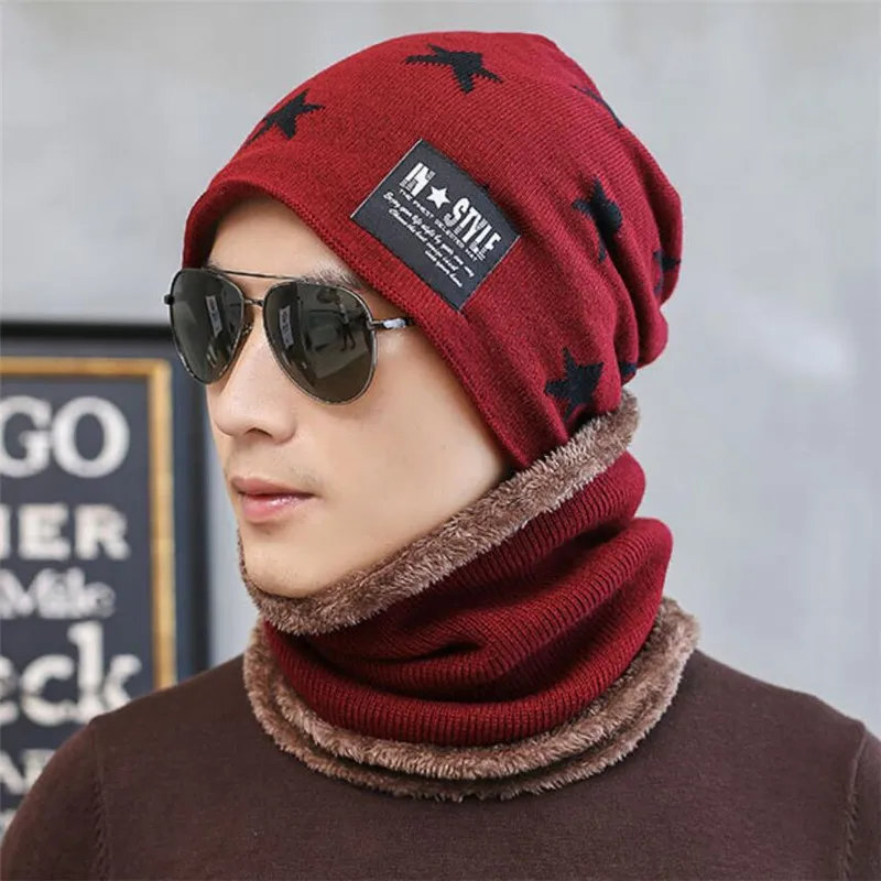 Бургундия Зимняя мужская шапка, шарф, Мужская теплая вязаная плюшевая шапка, комплект из 2 предметов, мужские шапочки с геометрическим принтом, шапка и кольцо, шарфы, аксессуары для взрослых - Цвет: Бургундия