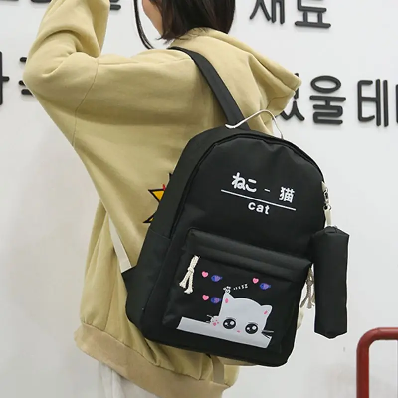 5pcs Adorable Cute Cat Print Canvas Women Girl Backpack Laptop Daypack Student School Shoulder Bag Bookbag Pencil Case Purse Set