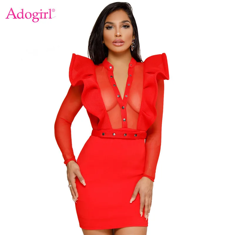 

Adogirl Sheer Mesh Patchwork Ruffle Bodycon Dress with Belt Buttons V Neck Long Sleeve Sheath Mini Night Club Party Dresses