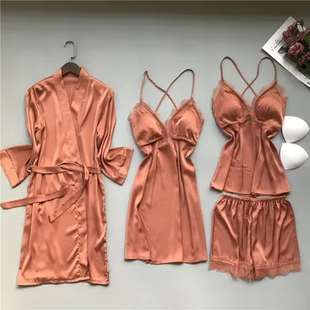 

Spring&Summer Women Pajama Sets 4 Pcs Sexy Lace Pyjamas female Satin Silk Sleepwear Elegant Pijama with Chest Pads Homewear