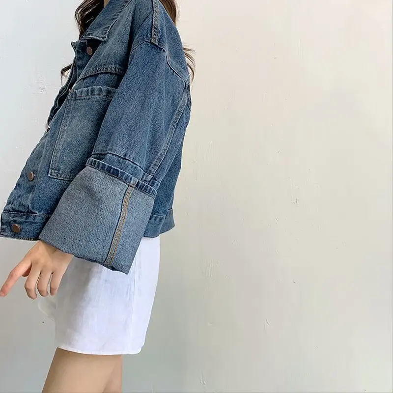 

19 Spring WOMEN'S Dress New Style Unisex Style Loose Large Version of Wide-Sleeve Jeans Coat Casual Fold-down Collar Denim Jacke