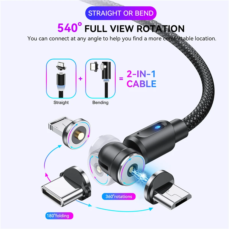 Lovebay-Carregador de Telefone Magnético com Cabo Leve, USB Tipo C, 540 Rotate, Fit for iPhone 12 Pro Max, Xiaomi, Huawei