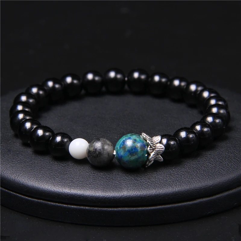 New Fashion Natural Stone Beads Bracelet Men Round Onyx Agates Beaded Lotus Charm Buddha Jewelry for Women Gifts | Украшения и