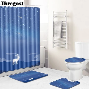 

Thregost Modern Printed 3 Piece Bath Mats Set Carpet for Bathroom Microfiber Carpets and Shower Curtain Water Absorbent Mat