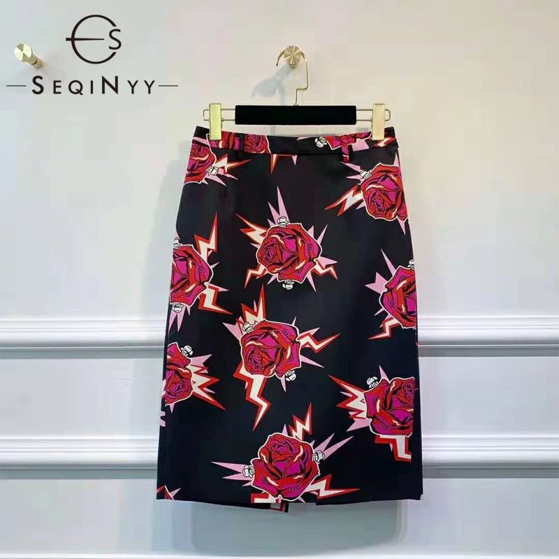 

SEQINYY Fashion Skirt 2020 Summer Spring New Design High Quality Red Rose Flowers Printed Knee Cotton Skirt