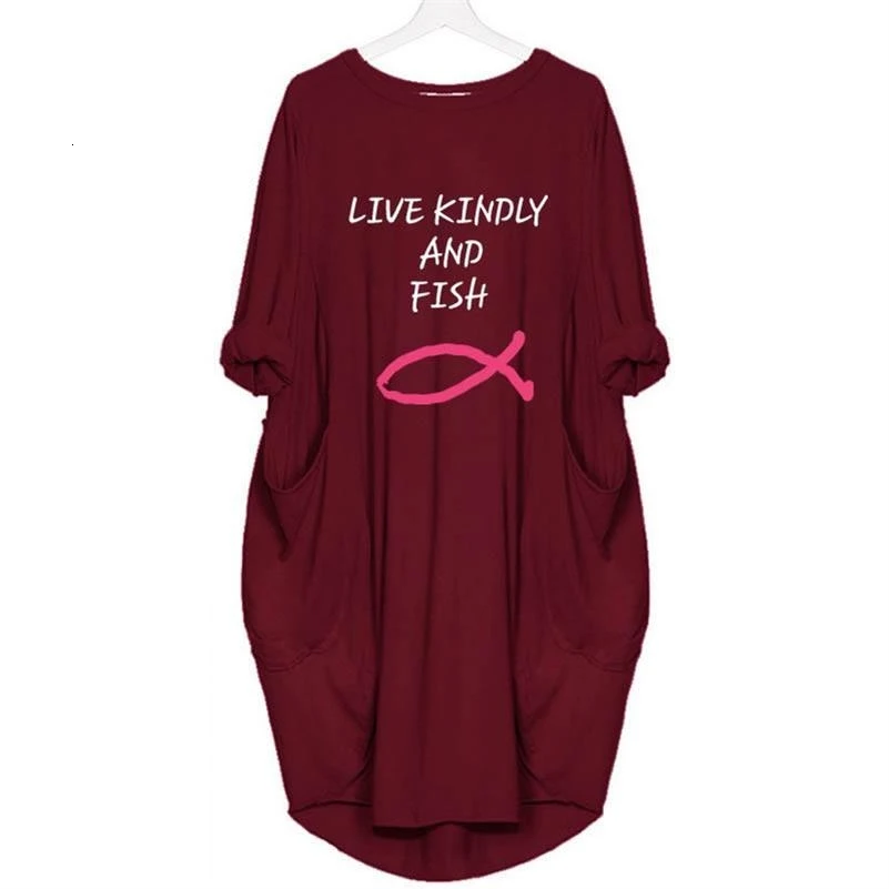 Модная футболка для женщин, с карманами, с надписью «Kinply And Fish», с принтом размера плюс, футболка, топ, укороченные летние топы, Femme - Цвет: Red