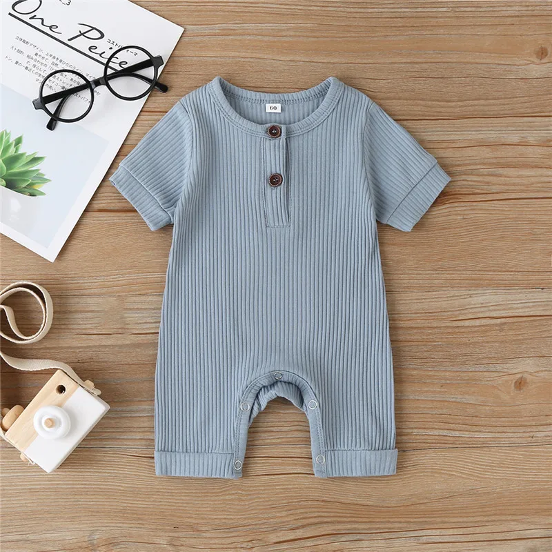 Kisded Födémgerenda Öltözés Kisded Fiú Bordás tömör romper Rövid távú Ingujj kezeslábas Elárusítónő Kötött Választékos Pamut sunsuit Újszülött bodysuit