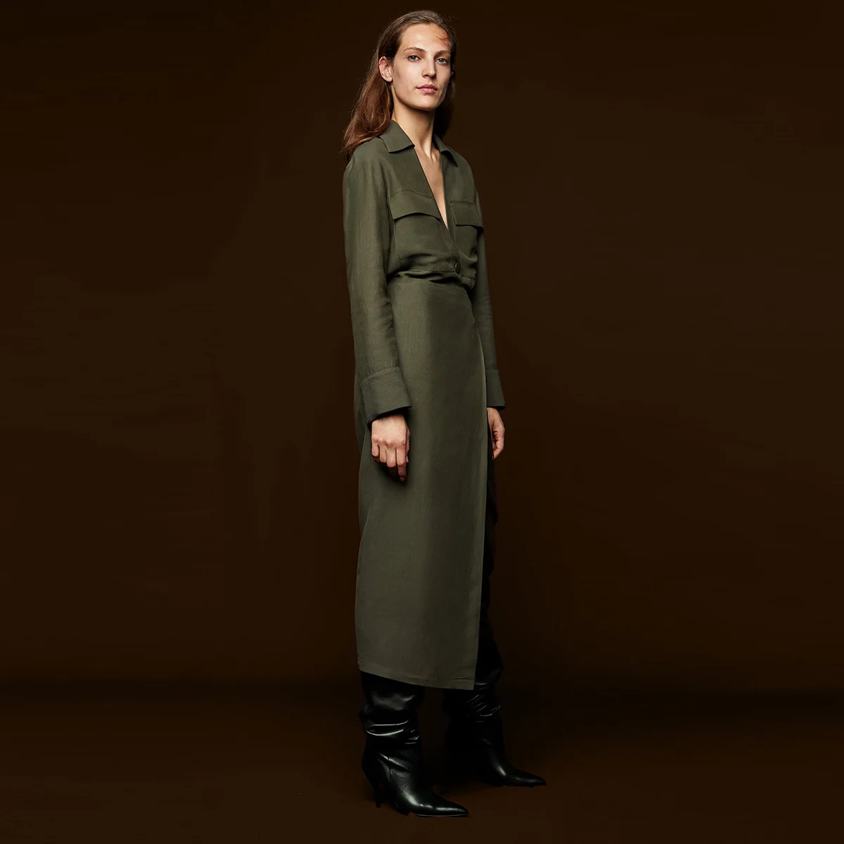 

Europe And America Cool Army Green Wrapped Cover-Front Double Breasted Bow of the Non-symmetrical Midi Dress Customizable
