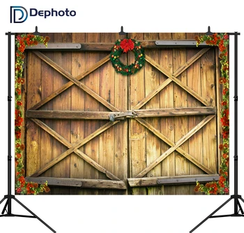 

Dephoto Christmas Backdrops Decor on Rustic Barn Door Wreath Wooden Board Vinyl Photography Background Photo Studio Shoot Props