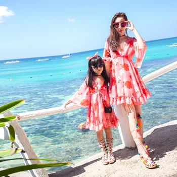

Summer New Parent-Child Mother Daughter Matching Outfit Floral Print Mommy and Me Clothes Pijamas Mum Mama Baby Girl Dress