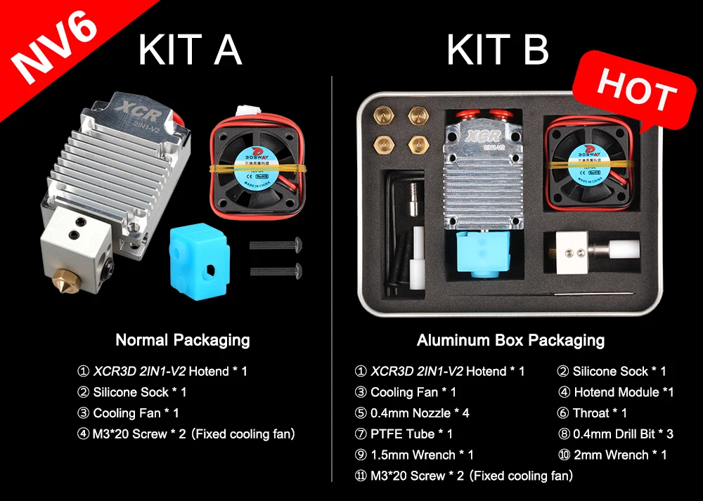 3DSWAY 3D-принтеры часть XCR 2IN1-V2 Цвет коммутации два Цвет NV6 с подогревом 0,4/1,75 вулкан сопла 0,8 силиконовые носки и вентилятор