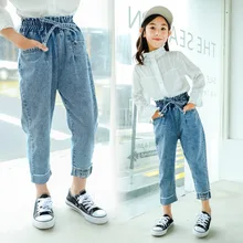 Детская одежда для девочек; сезон весна-осень; джинсы с потертостями; Новинка года; стильная Осенняя модная одежда с большим карманом для ног