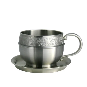 

Oriental Pewter - Pewter Coffee Cup w/ Tin Saucer Hand Carved Beautiful Embossed CCP Pure Tin 97% Lead-Free Handmade in Thailand