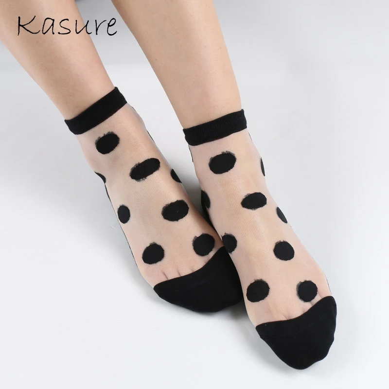 

KASURE Spring Summer Ultra Thin Big Dot Socks Women Female Cotton Bottom Non-slip Fishnet Mesh Ankle High Socks Transparent