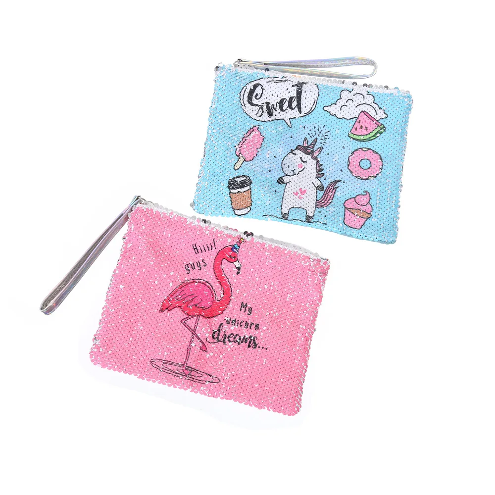 Disney princess new sequins cosmetic bag clutch bag unicorn cartoon girl print sequin mobile phone bag student pencil case pony