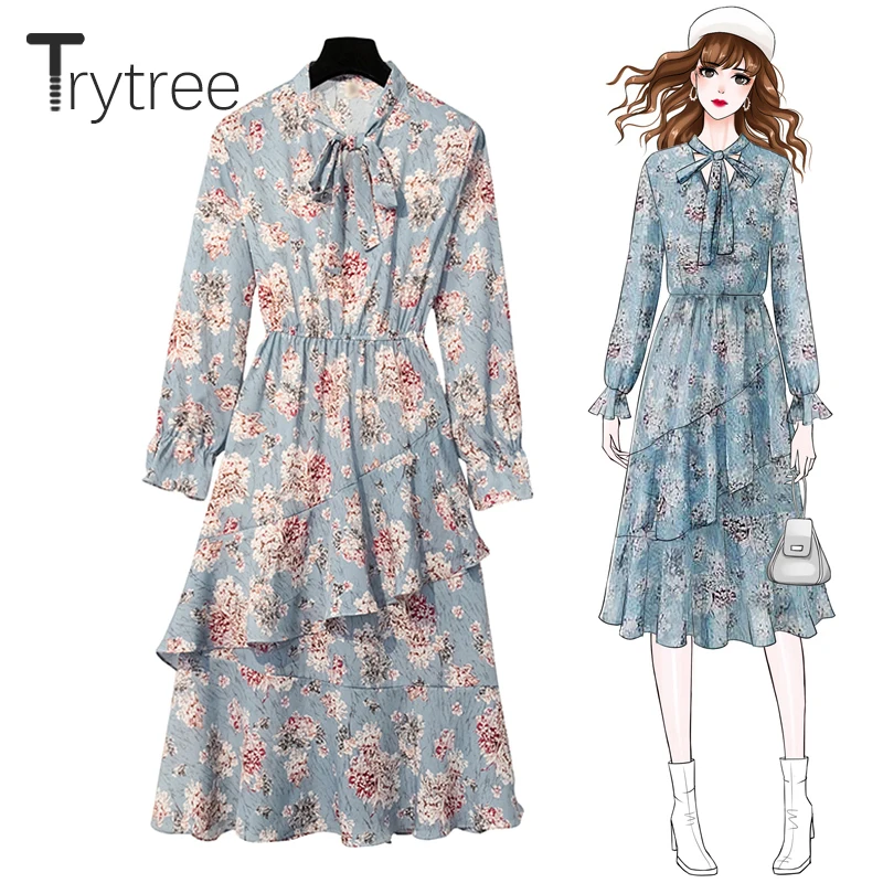 Trytree/ осеннее женское Повседневное платье с бантом и Расклешенным рукавом, с принтом, модное ТРАПЕЦИЕВИДНОЕ ПЛАТЬЕ с оборками, до середины икры, свободное, 2 цвета, офисное женское платье